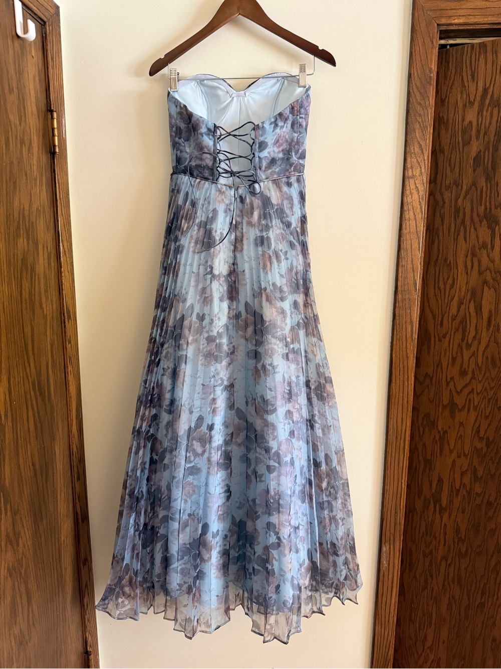 Lulu's Strapless Blue Floral Pleated Organza Gown Most Beautiful Day Maxi Dress - Picture 5 of 11